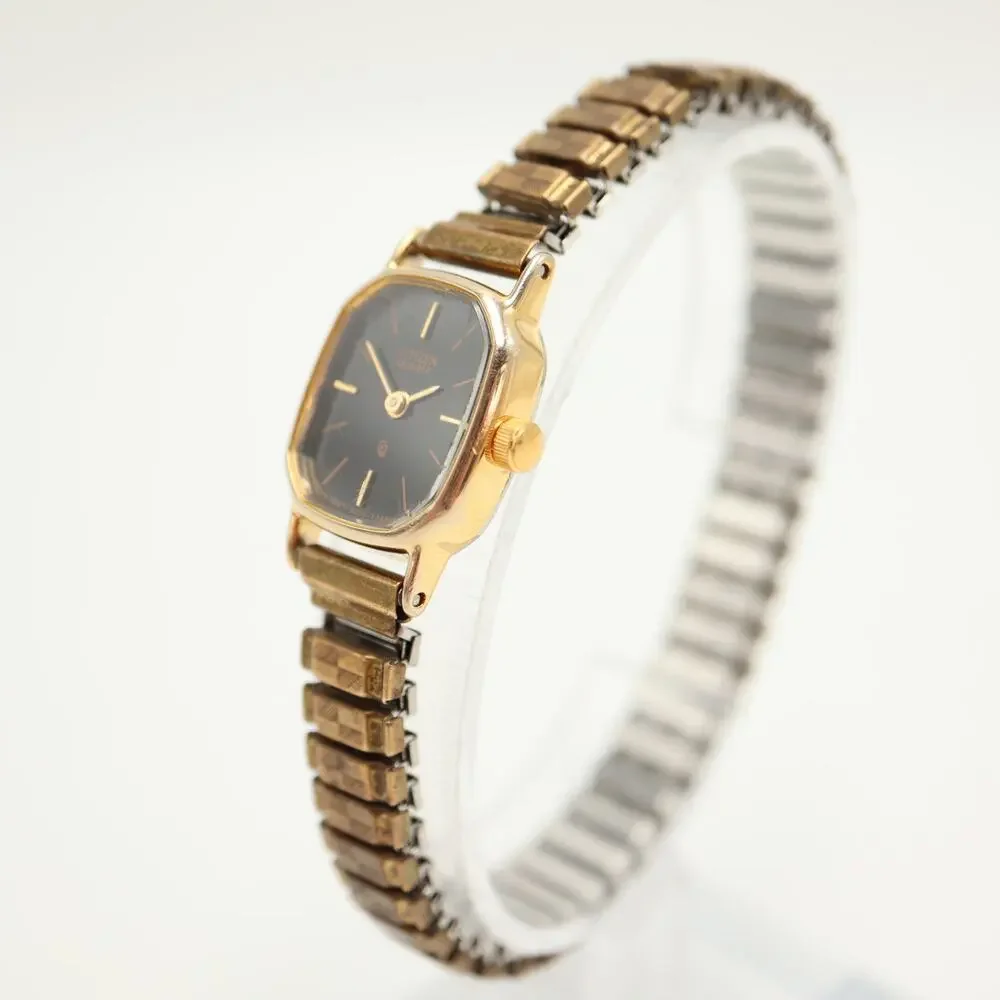 Vintage Citizen Black Gold Tone 17mm Petite Watch Metal Stretch Band New Battery